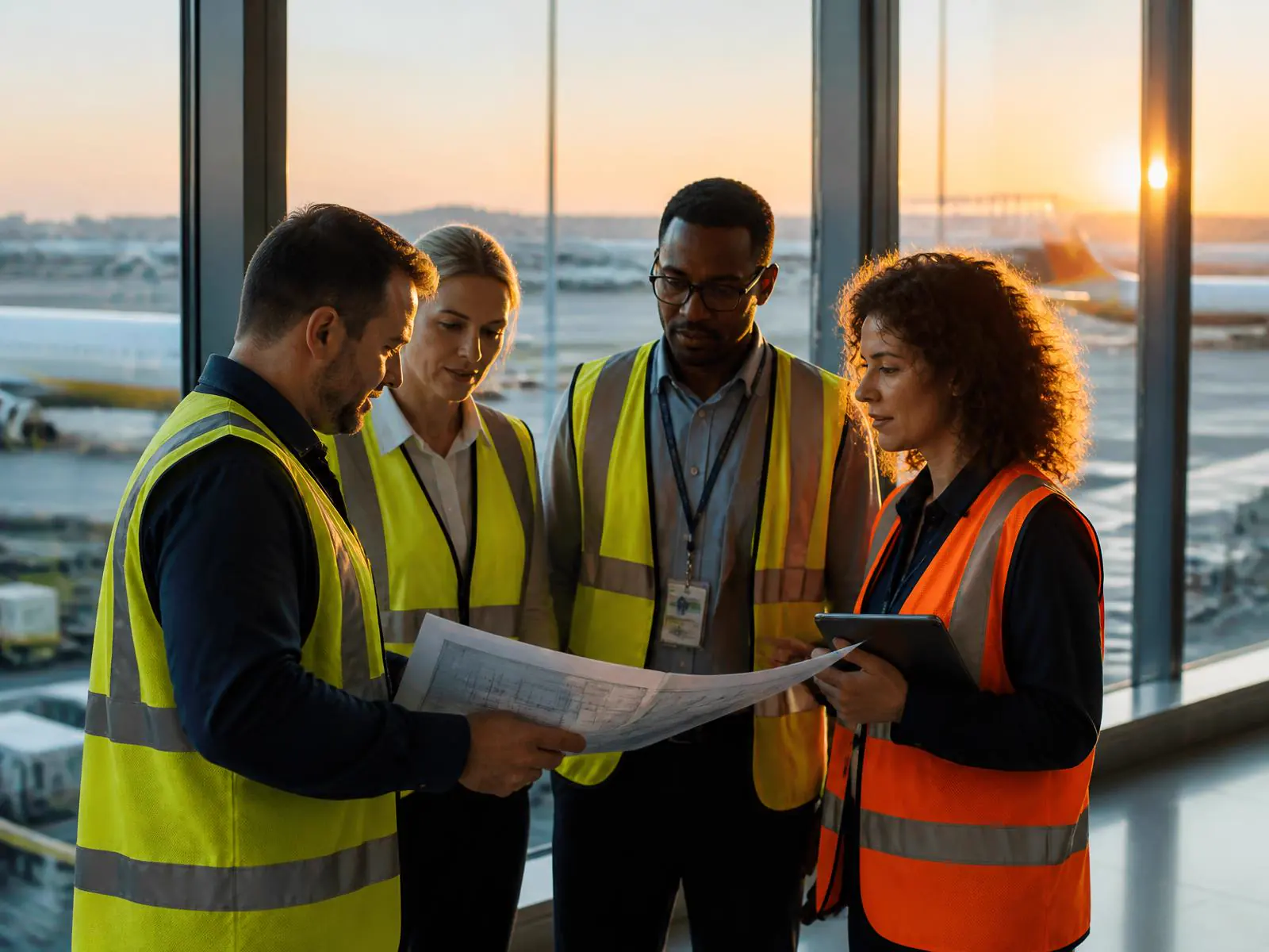 Airport vendor professionals reviewing plans together in a terminal