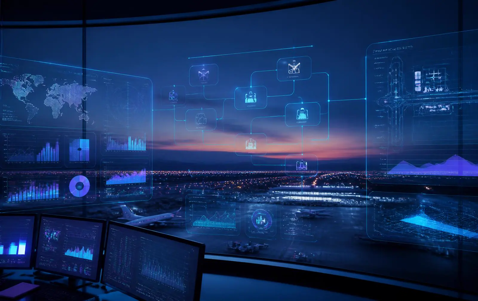 Connected digital business workflow displays in an airport operations setting